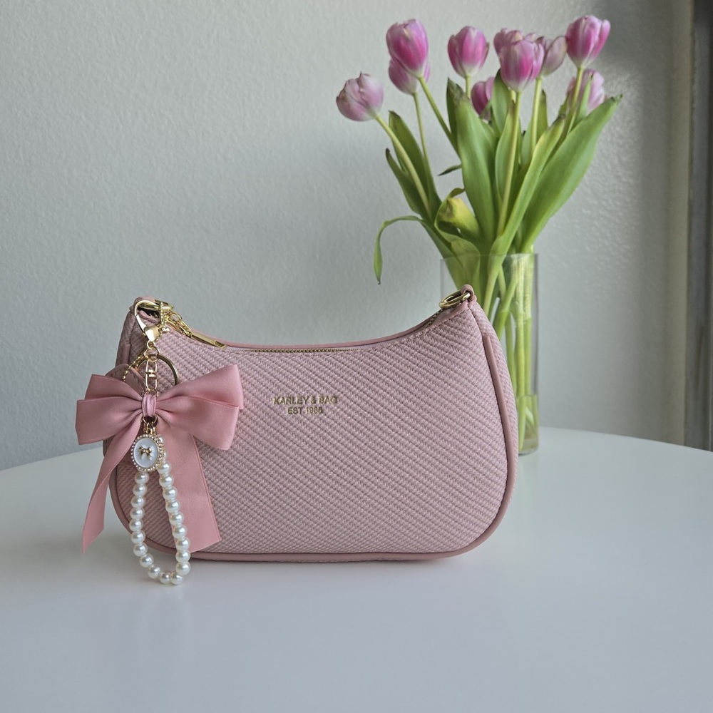 Pink Textured Shoulder Bag with Bow and Pearl Charm